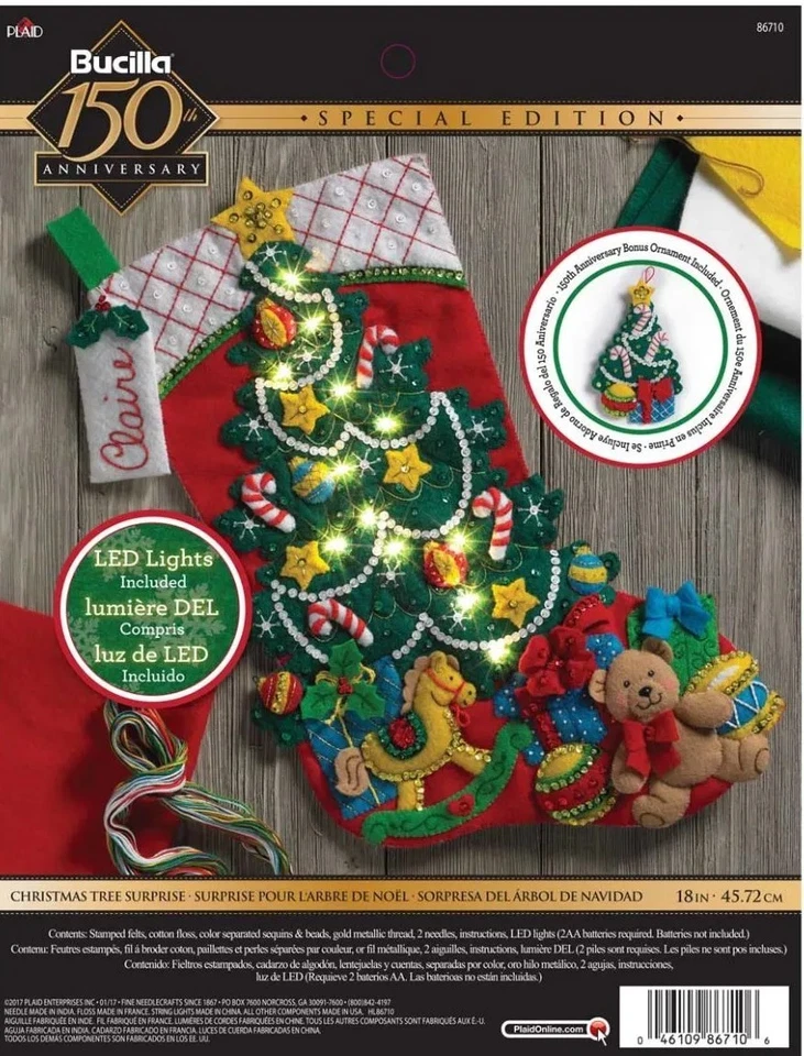 Bucilla Christmas Tree Surprise Lighted Stocking Felt Applique Kit 86710 150th