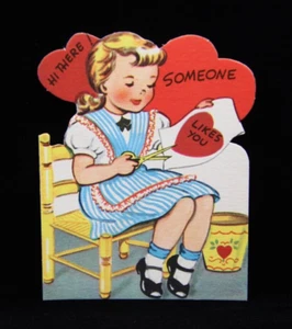 Vtg Gibson Die-Cut Valentine Card Girl Chair Scissors HI THERE SOMEONE LIKES YOU - Picture 1 of 2