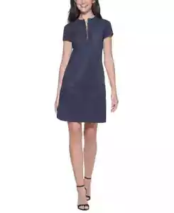 kensie Faux-Suede Shift Dress Women's 14 Navy 1/4 Zip Round Neck Short Sleeve - Picture 1 of 17