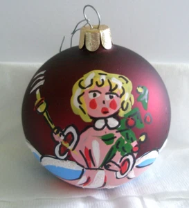 Handpainted Christmas Tree Ball Ornament Modern Angel Glitter Cranberry 70's  CE - Picture 1 of 6