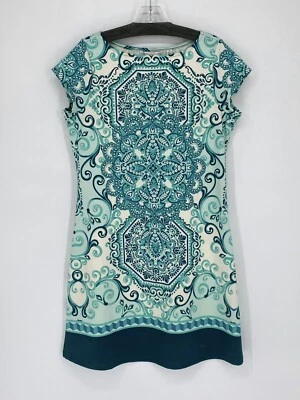 Isaac Mizrahi Teal & White Pattern Short Sleeve Sheath Dress Women’s Size Small - Image 1 of 4