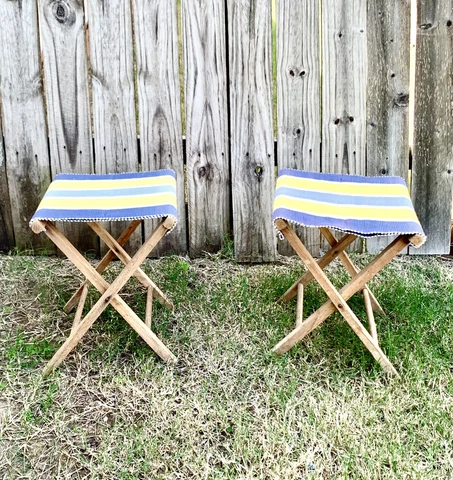 Chair Folding Portable Camp Stool Vintage 1950-1960 Wood & Stripe Canvas Summer Cover