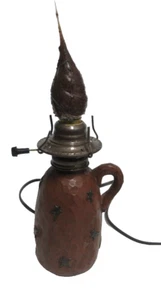 PRIMITIVE Black Star RUSTIC JUG TABLE LAMP With Flickering LIGHT 12" tall - Picture 1 of 7