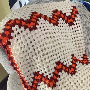 Handmade Red White Orange Chevron Crochet Grandma Lap Blanket Afghan 40x59” - Picture 1 of 2