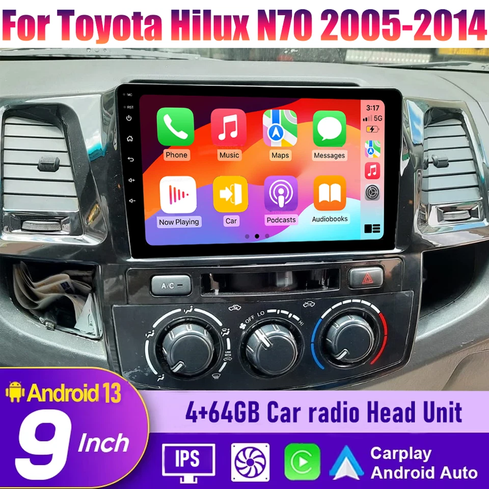 Radio unidad principal automática Android Carplay inalámbrica de 9"" para Toyota Hilux N70 2005-2014 Foto 1 de 4