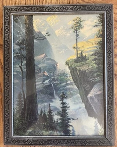 VTG 7x9 Metal Frame Mystical Scenic Picture Cliff Gorge Mountains Forest Golden - Picture 1 of 24