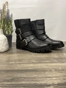 Steve Madden MING Black Leather Moto Ankle Boots Women’s Size 6 Buckle Strap  - Picture 1 of 11
