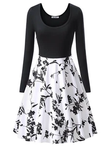 Women's Vintage Scoop Neck Long Sleeve A-Line Cocktail Party Dress - Picture 1 of 7