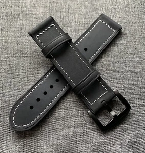 Premium Leather Soft Silicone Fused Watch Strap Black White Stitching PVD 20/22m - Picture 1 of 5