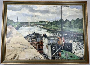 Pintura al óleo a bordo del barco de Harry Ford en el puerto Alex Stobie firmada y enmarcada - Imagen 1 de 13