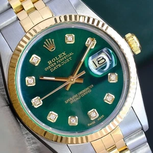 Rolex Mens Datejust Watch Gold & SS Green Diamond Fluted Bezel w/ Original Box  - Picture 1 of 22