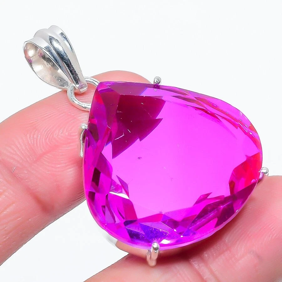 Pink Tourmaline Gemstone Handmade 925 Sterling Silver Jewelry Pendant Size 1.4" - Image 1 of 1
