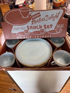 1950s Fire-King Turquoise Snack Set 8pc 22K Gold Trim w/ Box – Mid-Century Gem - Picture 1 of 5