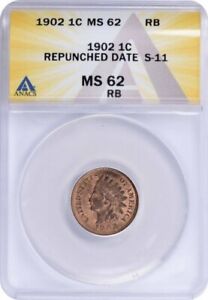 1902 Indian Cent Repunched Date Snow-11 Variety! - ANACS MS 62 R/B!-c4467uucxx
