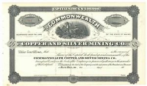 Commonwealth Copper and Silver Mining Co. Certificato di Stock. - Foto 1 di 1