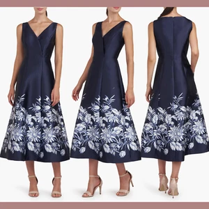 Nuevo con etiquetas $298 Kay Unger [12] Vestido de cóctel Hattie floral línea A azul marino oscuro #S2042 - Imagen 1 de 20