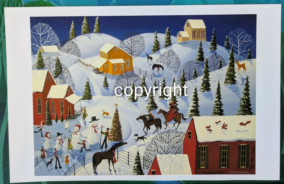 Folk Art Print Giclee 5"x 7" Christmas Grandma's Gift Farm Landscape Snow Only 1 - Image 1 of 1