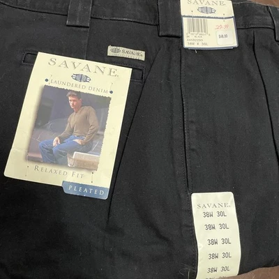 Calça jeans Savane masculina 38W 30L preta jeans plissada frontal ajuste relaxado casual - Imagem 1 de 4