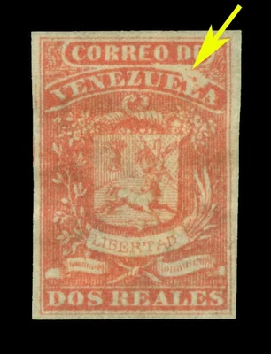 VENEZUELA 1862 Escudo de armas 2r rosa opaca Sc# 6a como nuevo en muy buen estado con gran DEFECTO DE IMPRESIÓN Foto 1 de 2