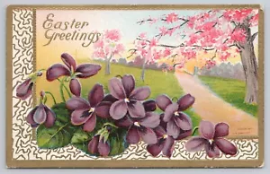 Saludos de Pascua Primavera Paisaje Escena Bordes Dorados Violetas UNP 1910 - Imagen 1 de 2