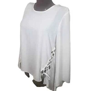 Liquid by Sioni Top High Low Lace Up Sides M White Bell Sleeve Flutter - Picture 1 of 7