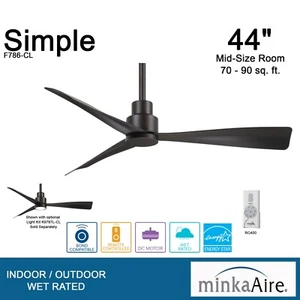 Minka Aire F786-CL Simple 44" Indoor / Outdoor Coal Black Ceiling Fan + Remote - Picture 1 of 9