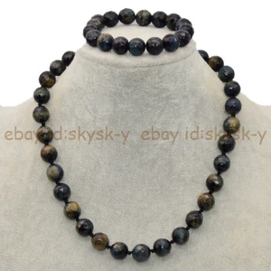 12mm Faceted Blue Yellow Tigers Eye Round Gemstone Beads Necklace Bracelet Set - Picture 1 of 12