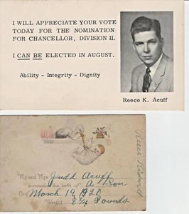 Reece Acuff RARE! Knox Tennessee 1962 Republican GOP Judge Campaign + Birth Card - Picture 1 of 6