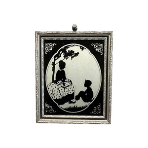 Vintage Silhouette Reliance Framed Art "Garden Story Hour" Silver Wood Frame 50s - Picture 1 of 8