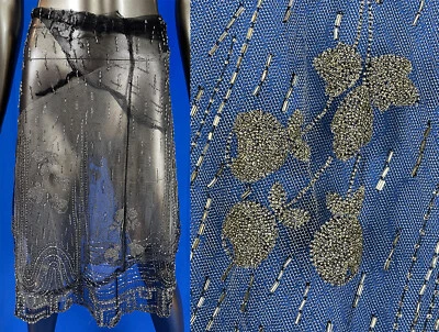 Vintage Art Deco Black Net Silver Beaded Berries Seed Pearl Flapper Dress Fabric - Image 1 of 3