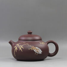 4.9”China Yixing Zisha Pottery Purple Clay Handmade Cicada Bamboo Leaf Teapot