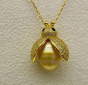 classic Exotic 9-12mm south sea gold pearl Owl pendant 18inch S925 - Picture 1 of 8
