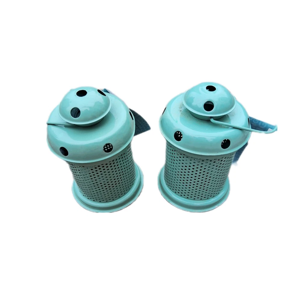 Hanging Metal Lantern Candle Tealight Holder Light Blue Balcony Decor Set of 2 - Image 1 of 4