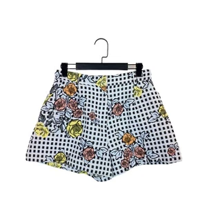 River Island Brown Blue Pastel Check Floral Woven Jacquard Shorts - Size 10 - Picture 1 of 10