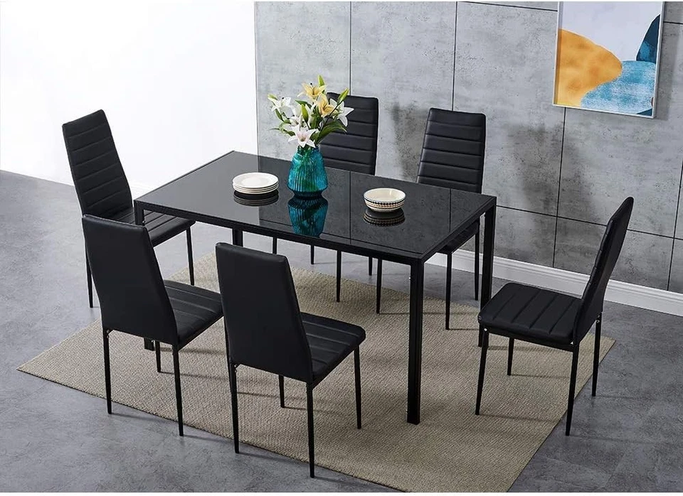 Modern 6-Seater Black Glass Dining Table Set with PU Leather Chairs - Image 1 of 4