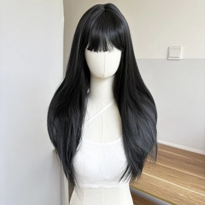 Cosplay Party Long Straight Off Black Wigs With Bangs Synthetic Hair - Image 1 of 4