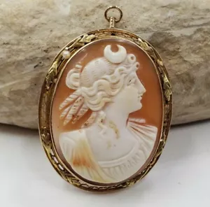 Spilla/Spilla/Ciondolo Vintage Cameo Intagliato Edoardiano Diana la Cacciatrice 10KT - Foto 1 di 10