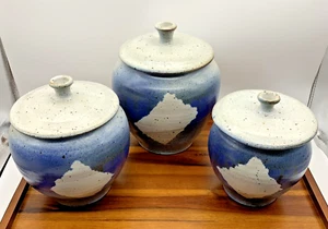 Vintage 1980s Stoneware Pottery Canister Set of 3 Artisan Signed Handmade - Picture 1 of 24