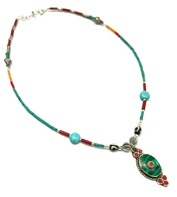 Malachite, Turquoise Gemstone Tibetan 925 Sterling Silver Necklace Jewelry 18" - Image 1 of 4