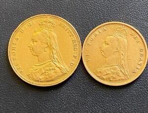 1887 Great Britain Queen Victoria Sovereign & Half Sovereign Gold Coins 