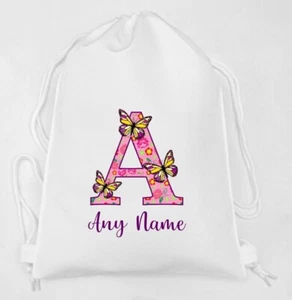 Personalised Letter Butterfly Print WHITE Kids Childs School Sport Gym PE Bag - Picture 1 of 5