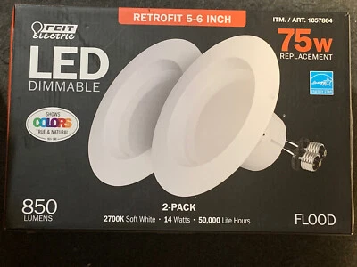 Feit LED LIGHTS Dimmable Retrofit Flood 5-6 Inch 75w 2 pack 2700k Soft White New - Image 1 of 4