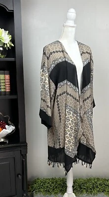 S, M, L, XL Anthropologie MYSTREE Black Brown KIMONO Fringe BOHO Top - Image 1 of 4