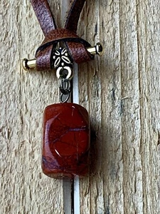 Vintage Red Jasper Chunk Pendant on Leather Cord Necklace - Adjusts 18-20 in - Picture 1 of 6