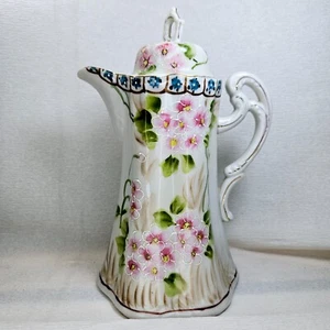 Nippon Hand Painted Porcelain Chocolate Pot Pink Blossoms Gold Trim Moriage EUC - Picture 1 of 11