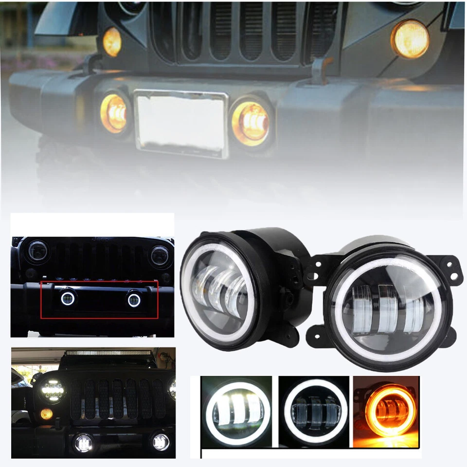 For JK TJ Jeep Wrangler 97-17 4inch Round LED Fog Lights Halo Angel Driving Lamp - Image 1 of 4