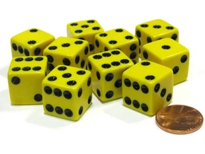 Set of 10 Six Sided Square Opaque 16mm D6 Dice - Yellow with Black Pip Die - Picture 1 of 1