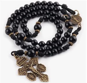 Handmade St. Benedict Black Onyx Stone Paracord Rosary Prayer Beads - Picture 1 of 5