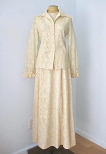 Vtg 60s 70s Mod Ivory Flower Power Lace 2-Pc Maxi Skirt Jacket Evening Suit 34 - Picture 1 of 12