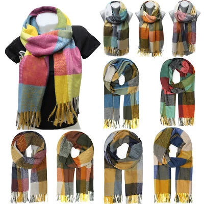 Gloop Damen Karierte Schal XXL Kuschelig warm Poncho Deckenschal Fransen Karo